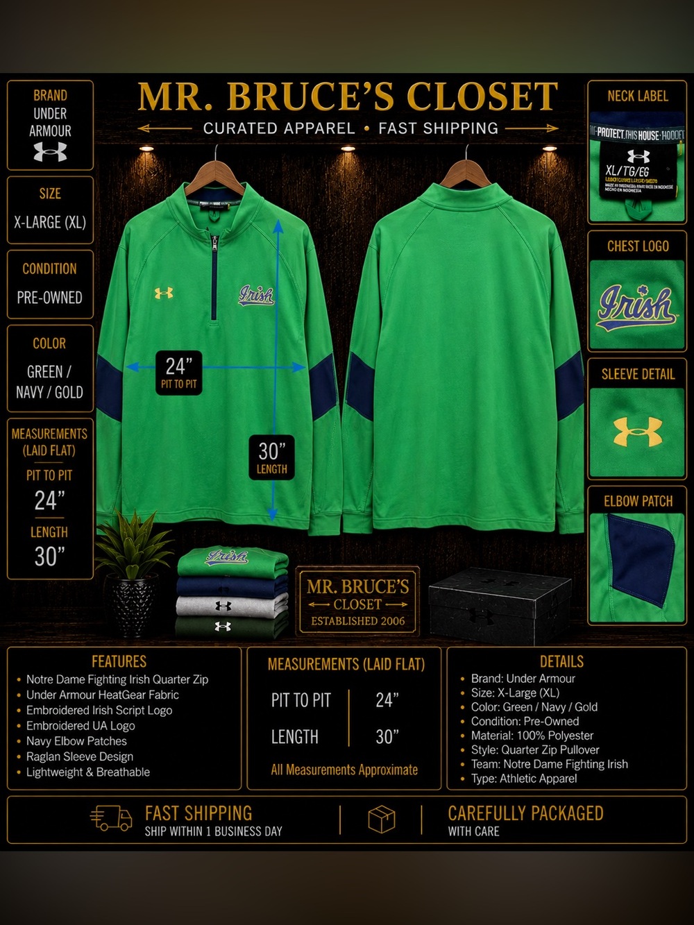 Under Armour Men’s Green and Navy  Notre Dame Quarter-Zip Pullover